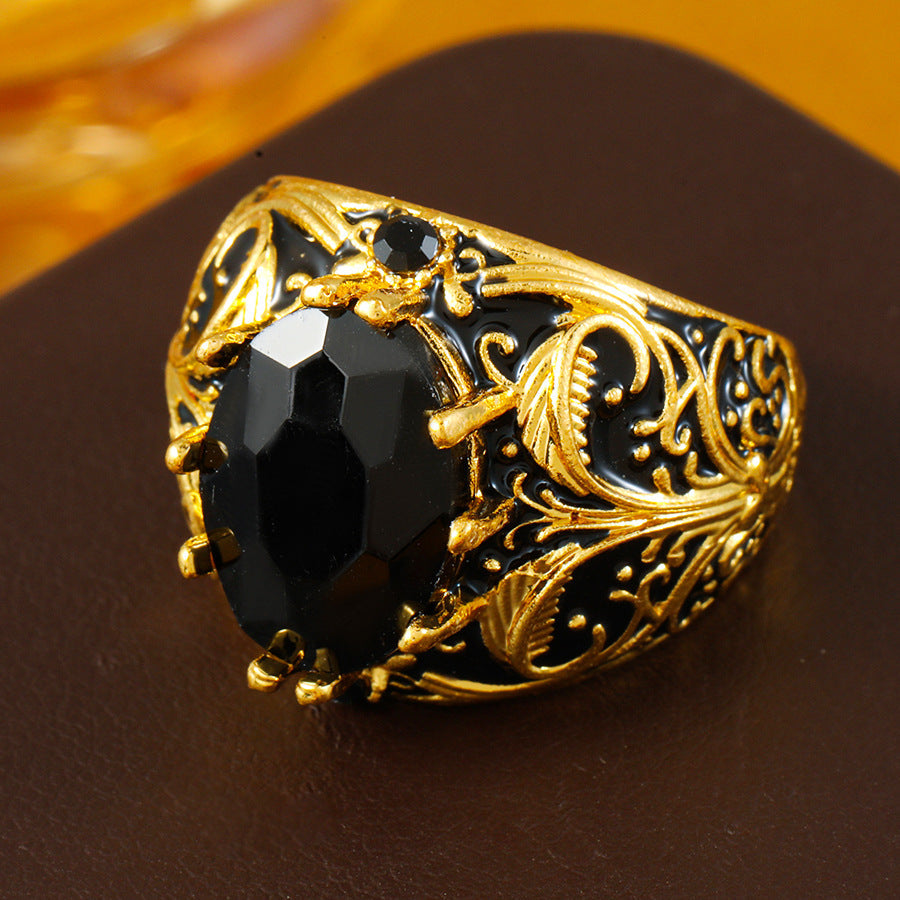 Vintage Black Oval Rhinestone Ring – Retro Gold Finish